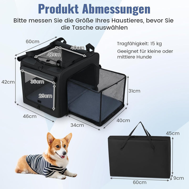 COSTWAY Hundebox faltbar, Transportbox Hund mit 2 Öffnungen, Fenster, Netzkorb, Griffen & Tasche, Hu