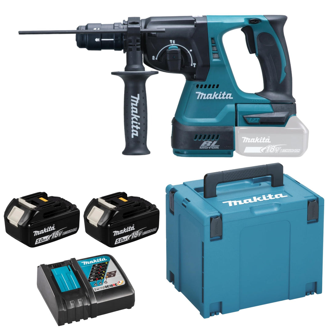 Makita Akku-Kombihammer für SDS-Plus, (18 V, 5,0 Ah im Makpac inklusive 2 Akkus und Ladegerät), DHR2