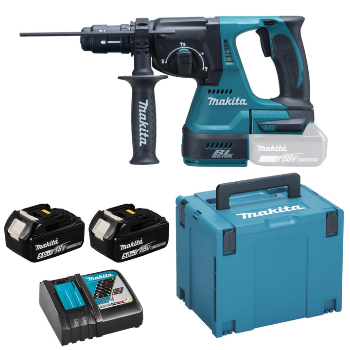 Makita Akku-Kombihammer für SDS-Plus, (18 V, 5,0 Ah im Makpac inklusive 2 Akkus und Ladegerät), DHR2