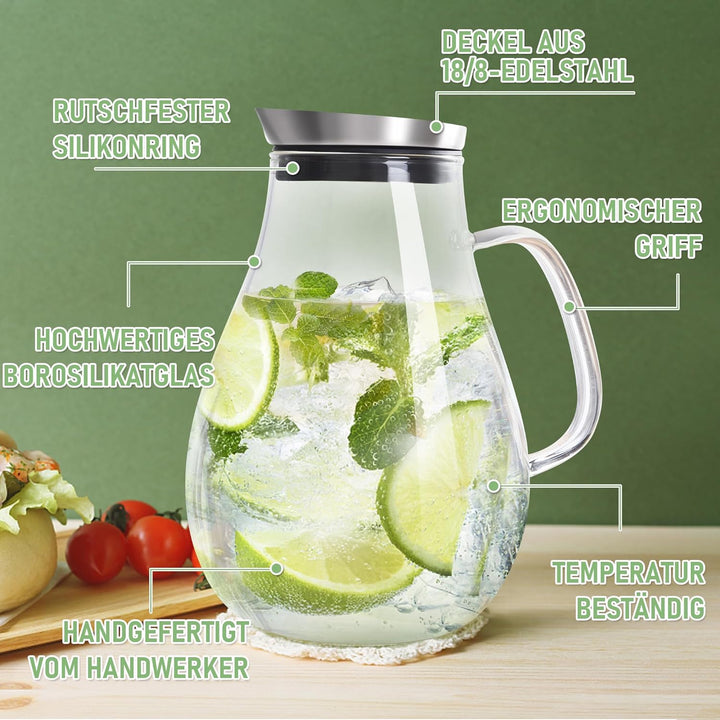 SUSTEAS 2 Liter 70 Unzen Glas Karaffe Krug mit Deckel und Auslauf, Wasserkaraffe, Eistee Krug, Saft