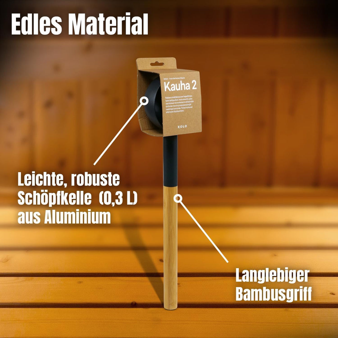 KOLO Saunakelle Typ 2 - Aufgusskelle 300ml Aluminium Schwarz - 43cm Bambusgriff - Sauna Kelle - Made