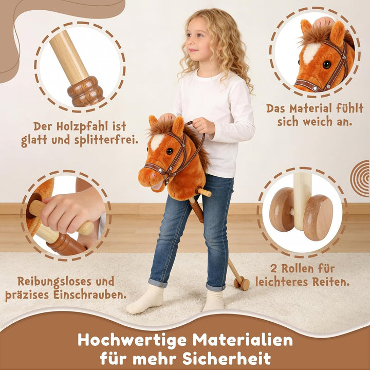 IEEILULU Hobby Horse, Steckenpferd Kinder Rosa, Holzpferd für Draussen mit Hobby Horse Trense, Räder