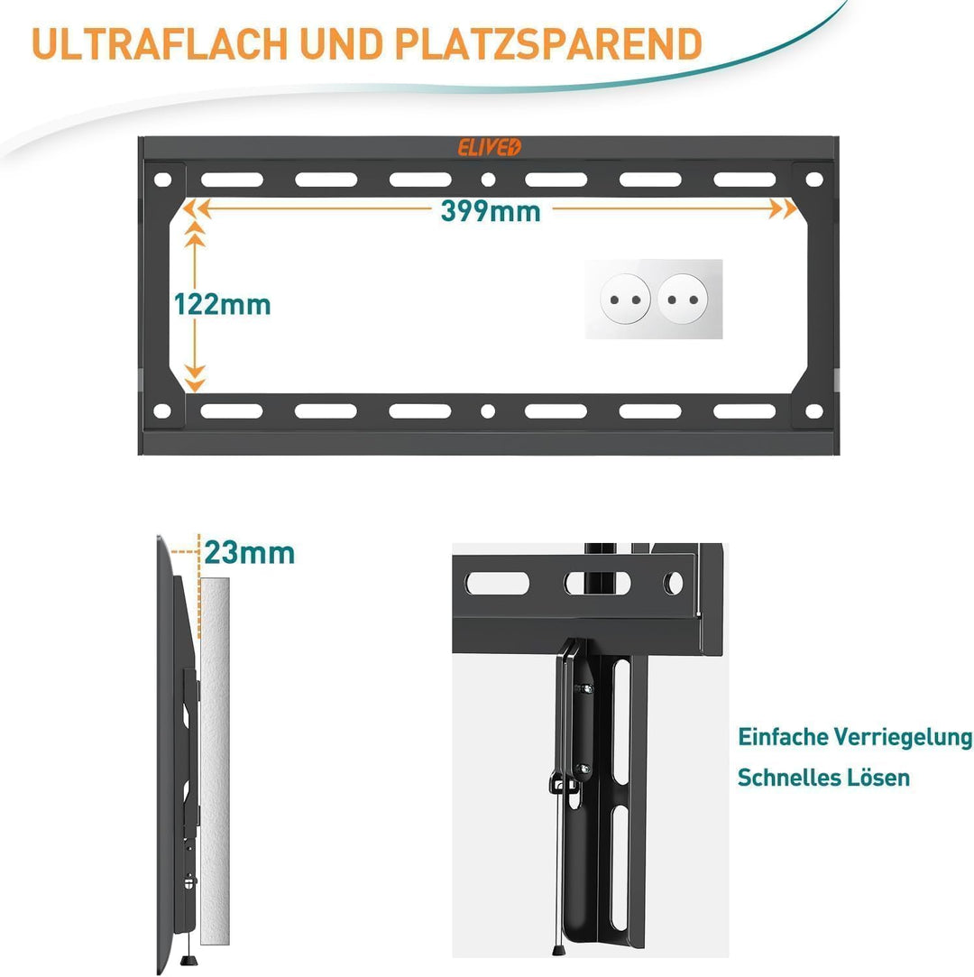 ELIVED Feste TV Wandhalterung für die meisten 26-60 Zoll Flach & Curved Fernseher, Ultra Slim TV Hal