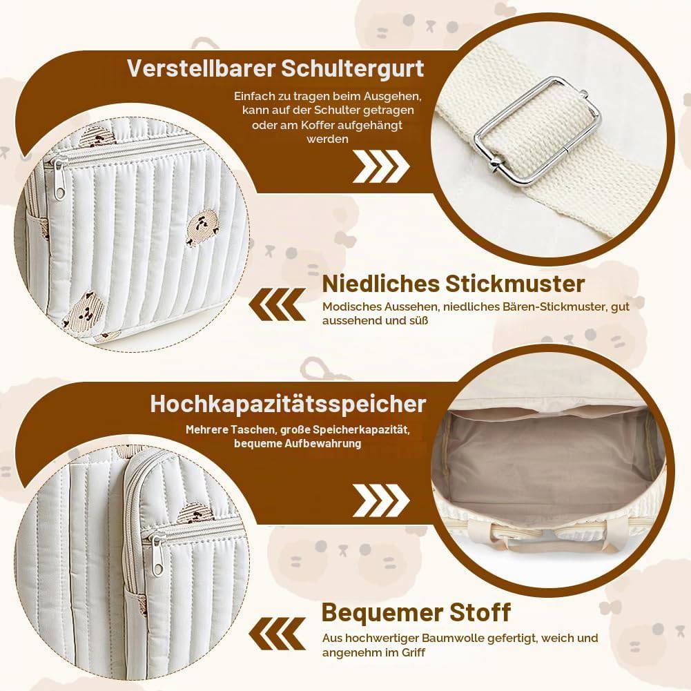 Grosse Wickeltasche Kliniktasche Geburt 48×22×26 cm – Baumwolle Baby Tasche mit Stickerei, Mama Tasc