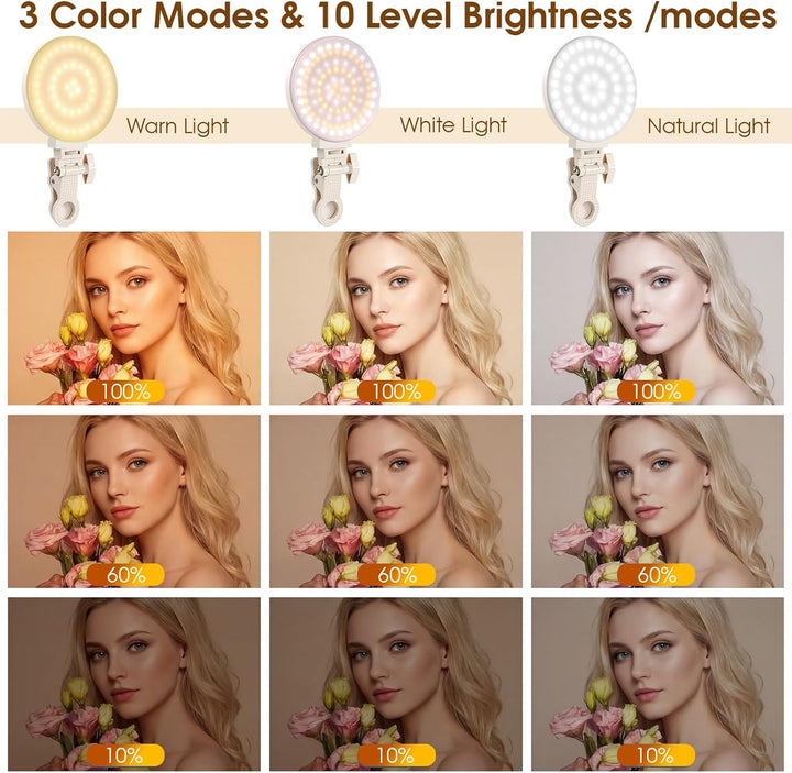 GlobalCrown Selfie Licht Handy,handylicht mit 100 LED,wiederaufladbare Beleuchtung zum Aufstecken,3