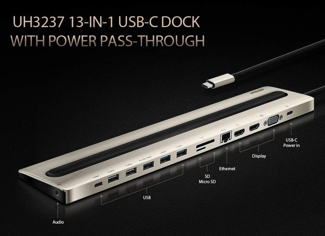 ATEN UH3237 USB-C Multiport Dock mit Power Passthrough Silber, Schwarz