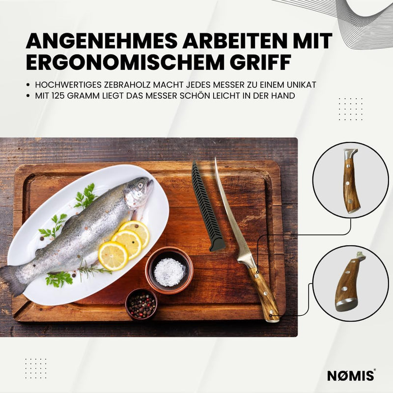 NØMIS Premium Filetiermesser Fisch | Filitiermesser scharf Fisch | Fischmesser | 18,5 cm Klinge aus