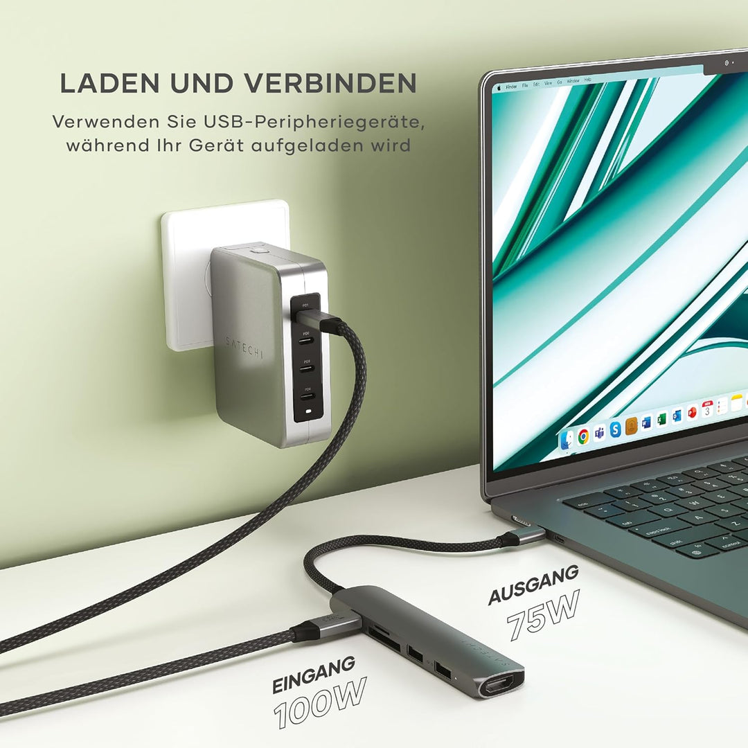 SATECHI 6-in-1 USB-C Hub & Multiport, HDMI 4K mit 60Hz, 100W PD, 2X USB-A, SD/MicroSD – Für MacBook