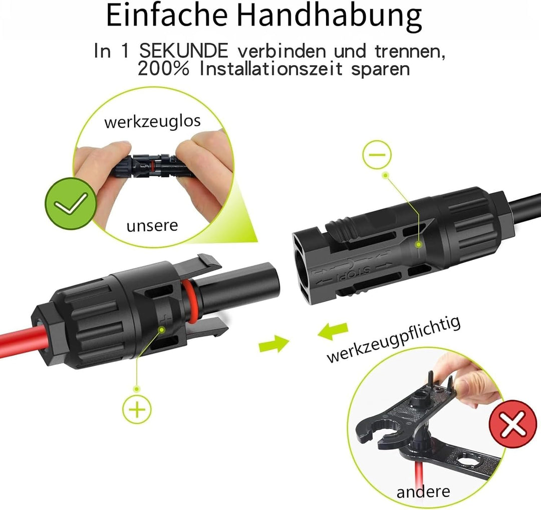 Tool-Free Solarkabel 4mm²/6mm²,Solarkabel Verlängerung 1/2/3/5/10M,PV Kabel(4mm2, 10m) 4mm²10M, 4mm&