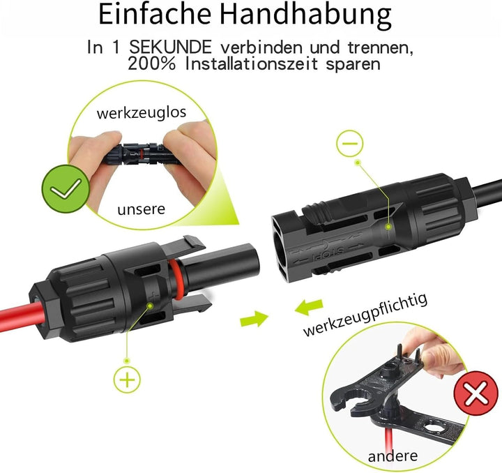 Tool-Free Solarkabel 4mm²/6mm²,Solarkabel Verlängerung 1/2/3/5/10M,PV Kabel(4mm2, 10m) 4mm²10M, 4mm&