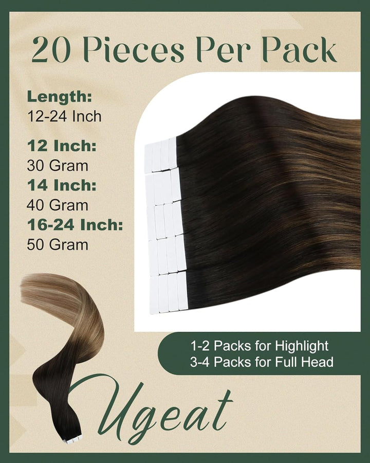 Ugeat 35cm Tape Extensions Echthaar Unsichtbar Hair Extensions Tape Echthaar 2.5g/Stücke*20Stücke Re