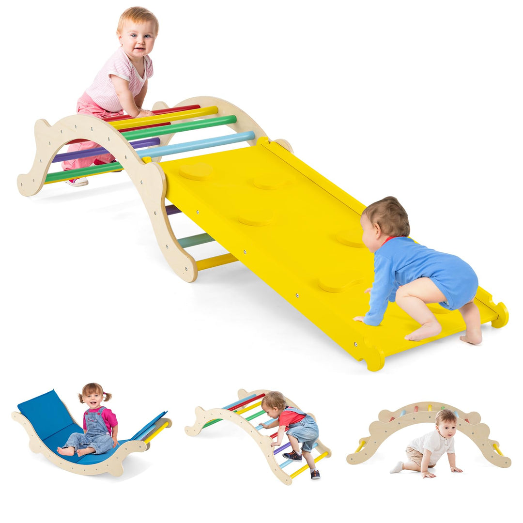 COSTWAY Kletterbogen mit Kissen, Kletterdreieck mit Rutsche Holz, 3 in 1 Klettergerüst Indoor zum Ru