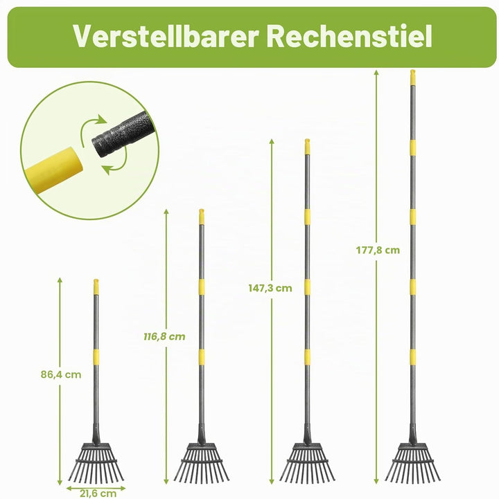 Rechen Garten, Laubrechen mit Stiel Metall mit 11 Zinken, 177 cm Einstellbar Gartenrechen mit Metall