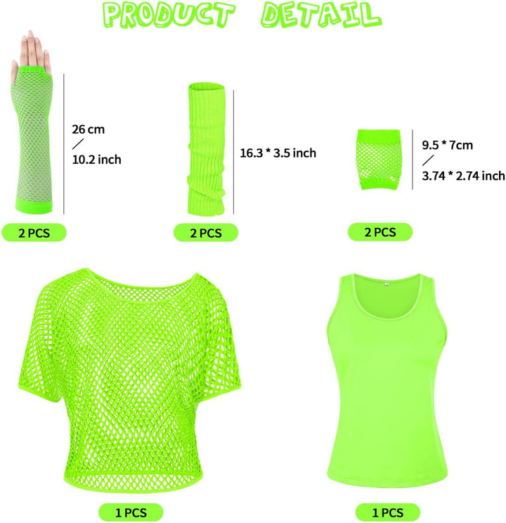WILDPARTY 80er 90er Jahre Outfit Damen, Netzshirt, Tank top, Beinwärmer, Netzhandschuhe, Kostüm 80er