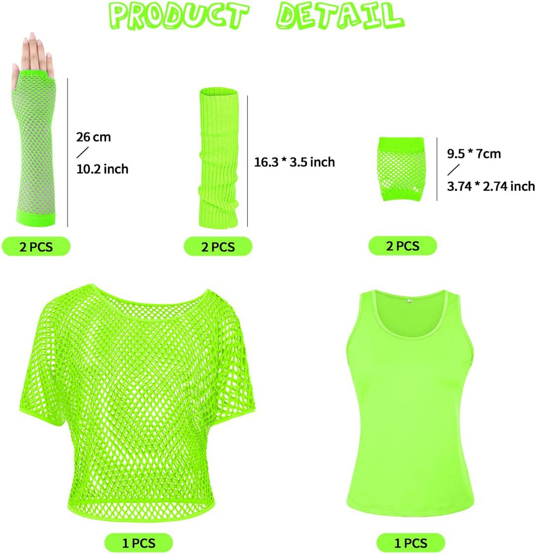 WILDPARTY 80er 90er Jahre Outfit Damen, Netzshirt, Tank top, Beinwärmer, Netzhandschuhe, Kostüm 80er