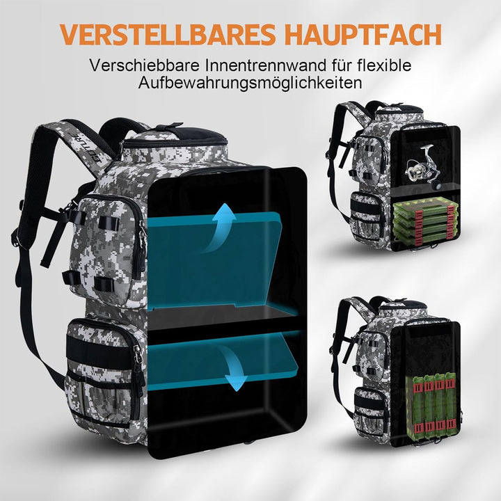 Goture Angelrucksack mit 4 Köderbox Angeln, 58-Liter Angelzubehör-Rucksack mit abnehmbarer Umhängeta