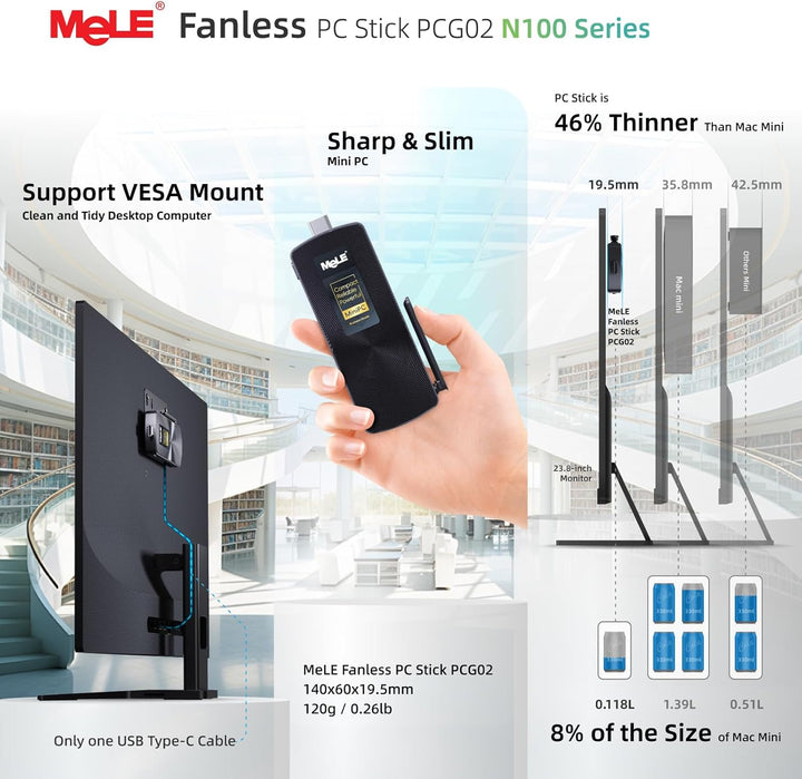 MeLE PCG02 Fanless Mini-PC Stick – N100 8GB 256GB, Lüfterlos, HDMI Unterstützt VESA-Montage, USB-C P