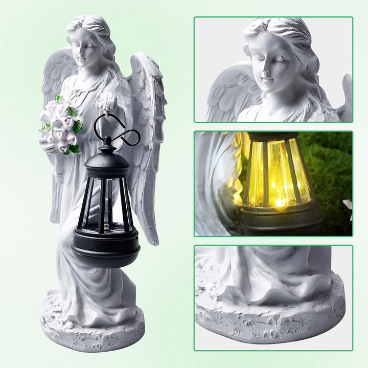 GOMETY Solar Engel Gartenstatuen, Schutzengel-Figur mit LED Solar Laterne, Grablicht Outdoor-Deko, E