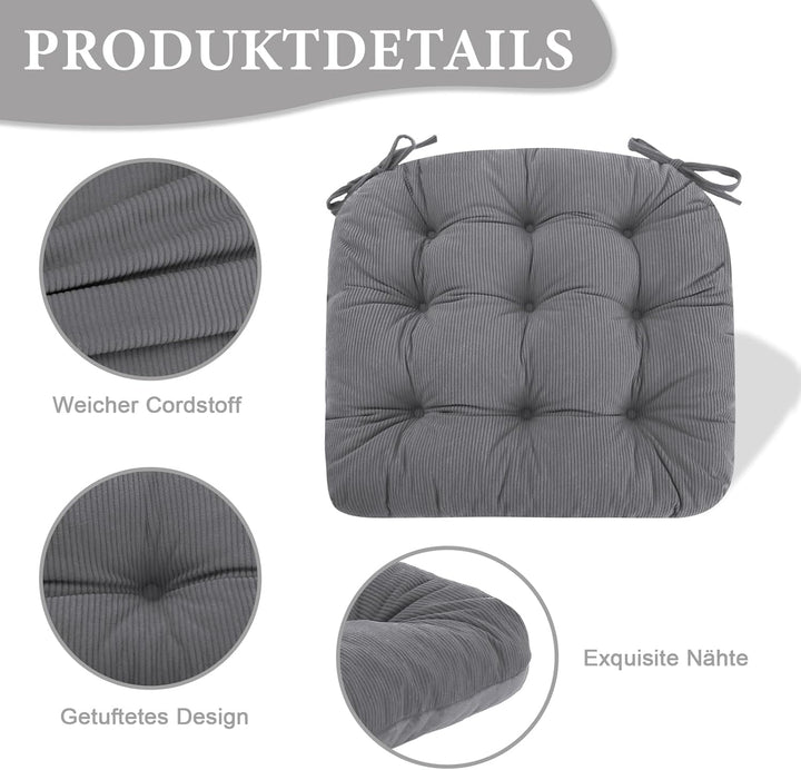 2er Set Stuhlkissen, 40x40x7 cm, Hellgrau – Bequeme Sitzkissen aus Cordstoff und Kristallsamt mit Bi
