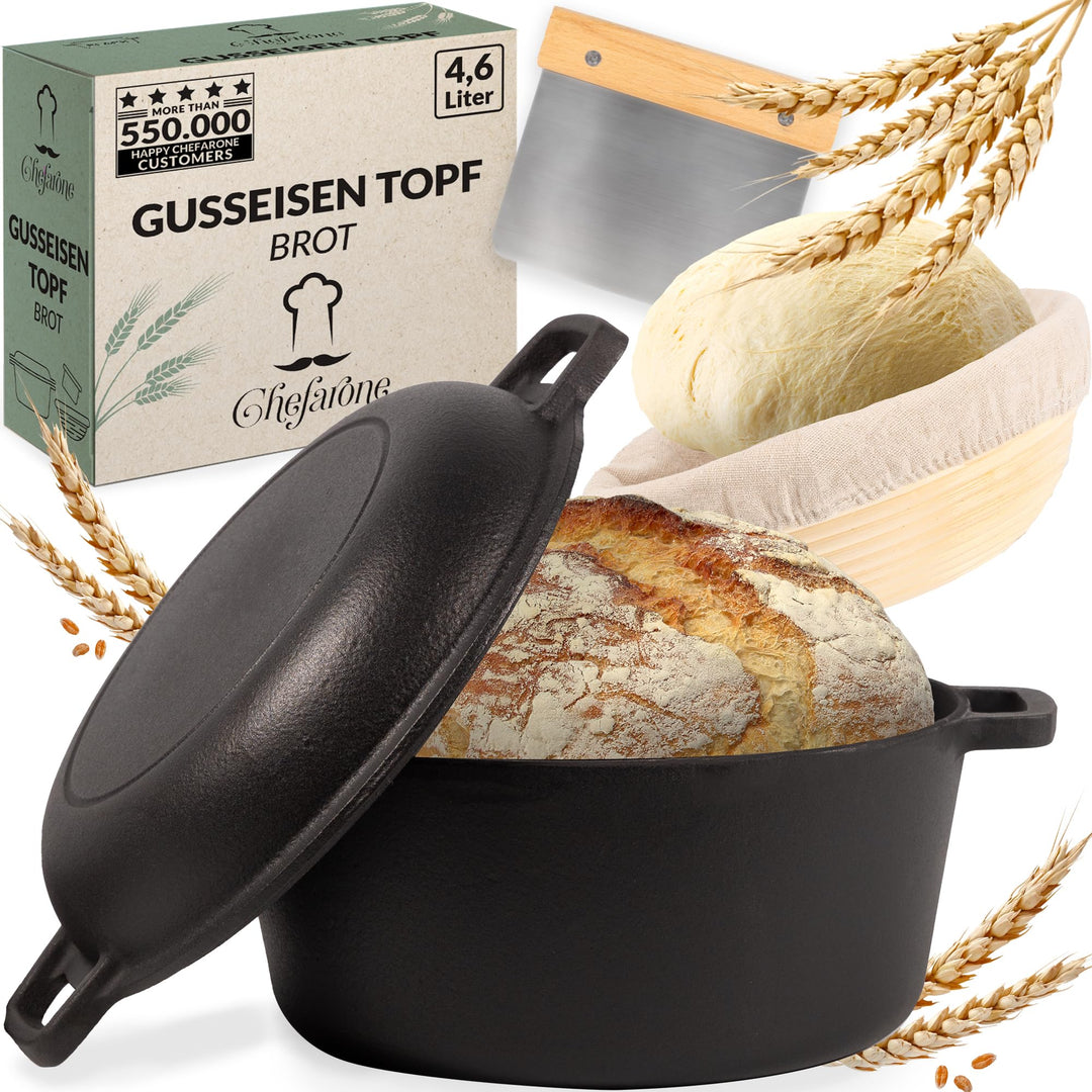 Chefarone® Gusseisen Topf Brot Backen Mit Deckel 4.6L - Brottopf 26CM - Robuster Brotbacktopf - Brot