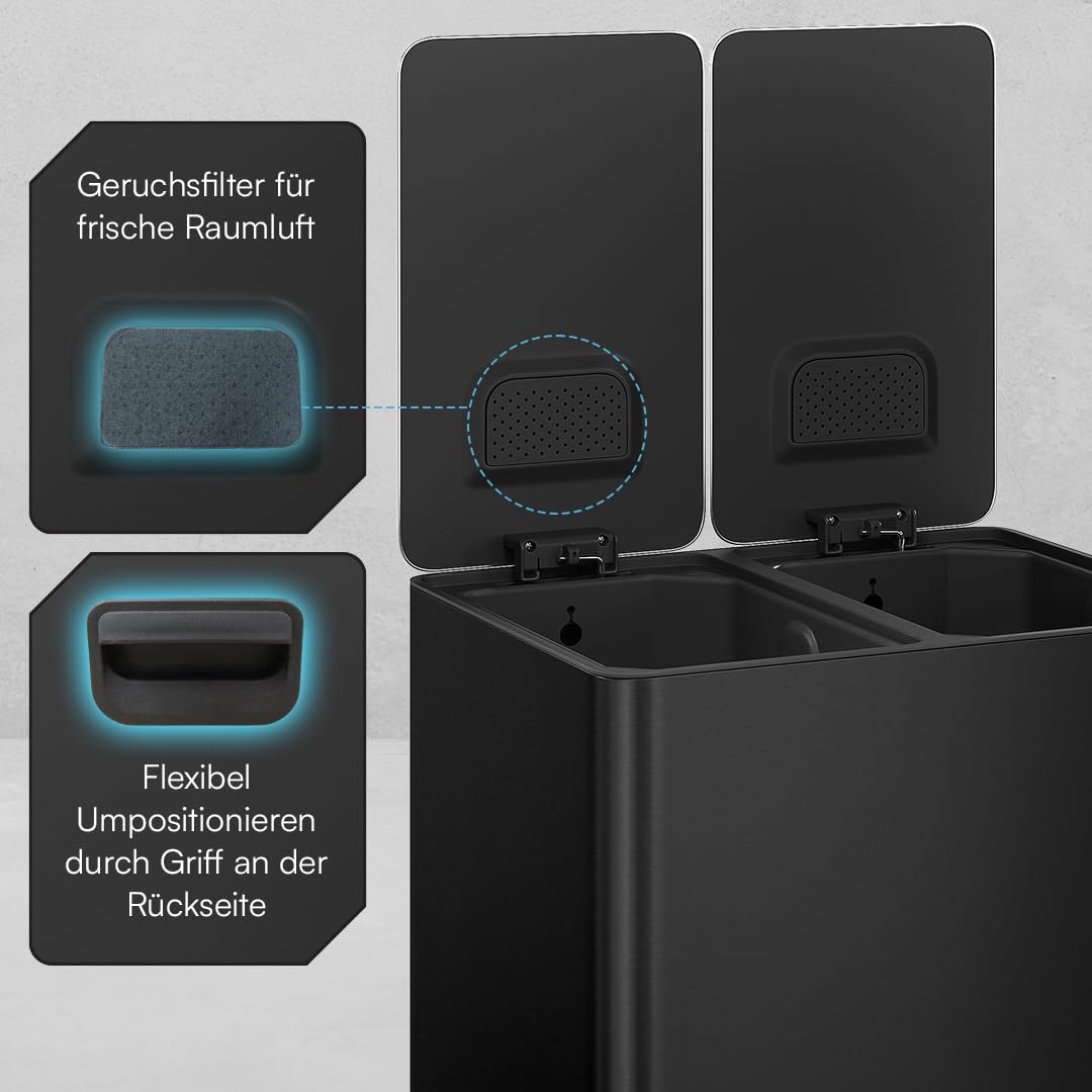 STEELSØN Gloas Mülleimer 2 Fächer – Mülltrennsystem Küche 2x15 L aus Edelstahl Schwarz – Tretmülleim