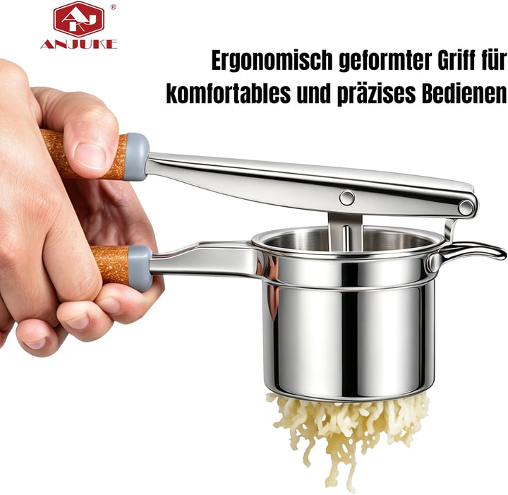 Kartoffelpresse Edelstahl mit fester Scheibe, Robuster Kartoffelstampfer mit Holz-Kunststoff-Griff,