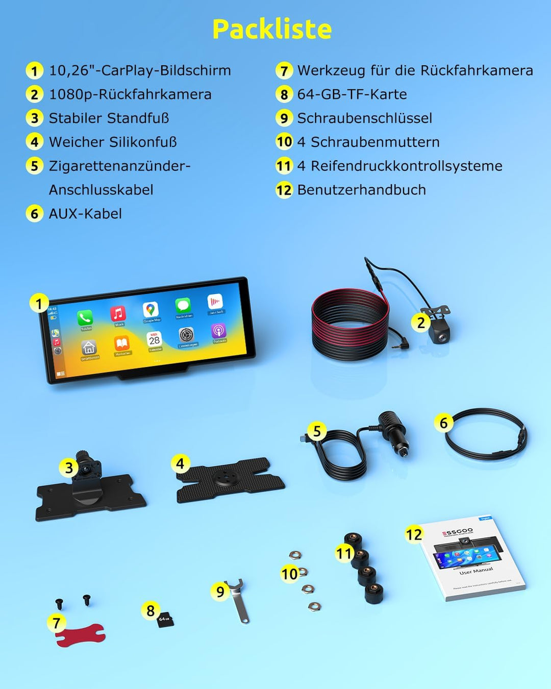 ESSGOO 10.26 Zoll Kabelloses CarPlay Display mit 4K Dashcam,1080P Rückfahrkamera &amp; 4 Reifendruckkont