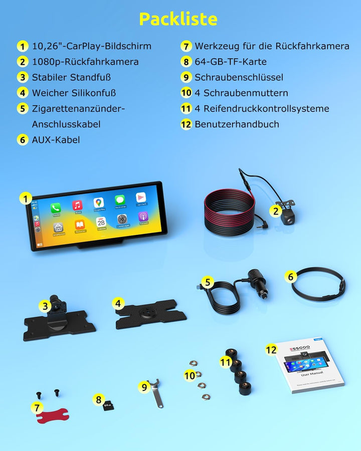 ESSGOO 10.26 Zoll Kabelloses CarPlay Display mit 4K Dashcam,1080P Rückfahrkamera &amp; 4 Reifendruckkont
