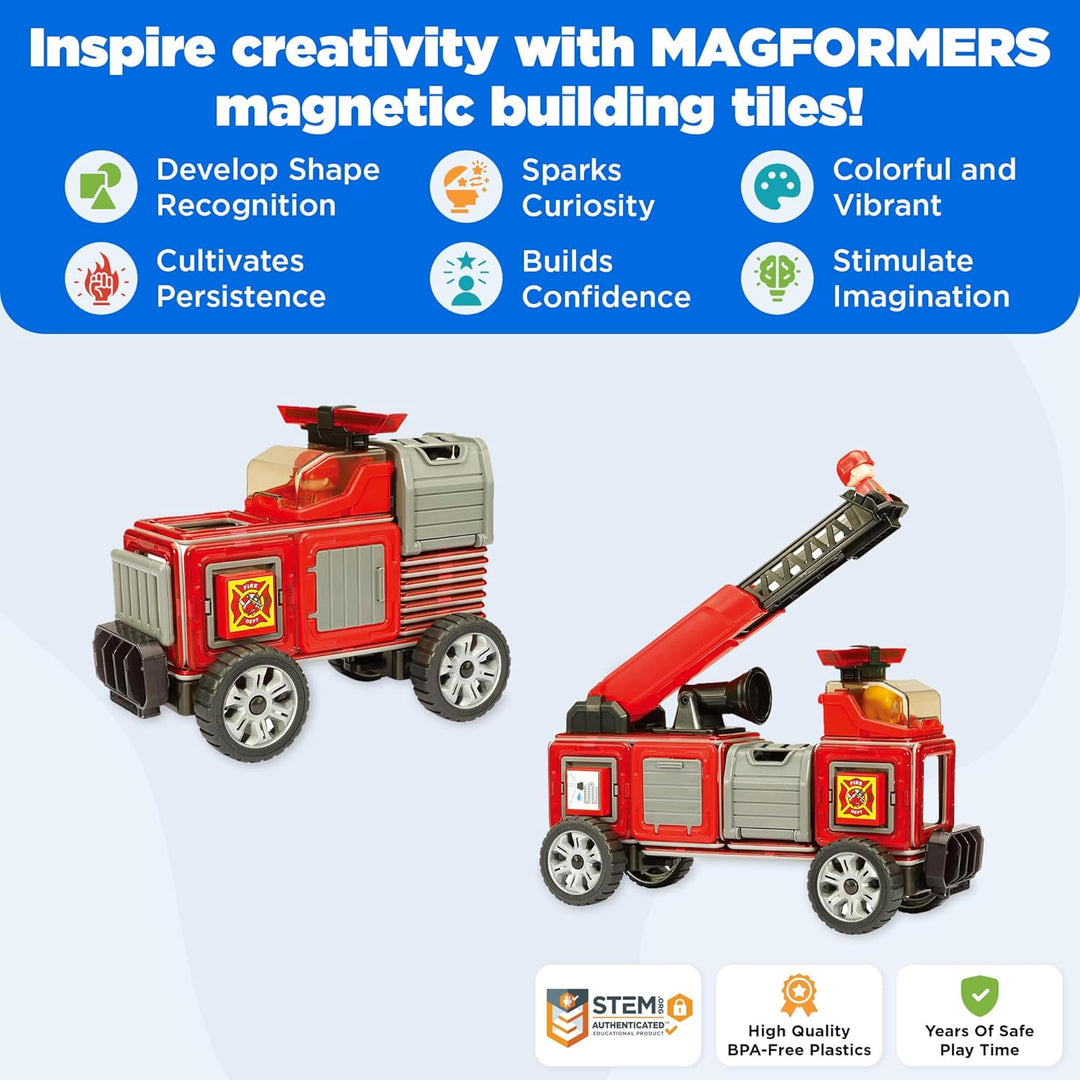 Magformers Fire Engine And Rescue Vehicle Set. Firefighters Magnetic Building Blocks Toy. Makes Over