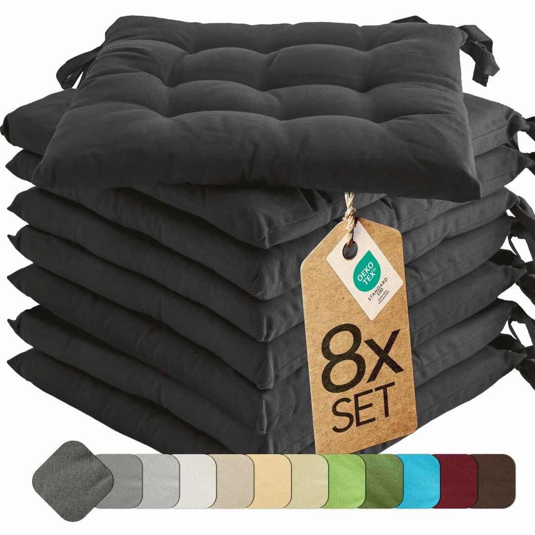 etérea 8er Set Sitzkissen Outdoor 40x40 mit Bändern - Stuhlkissen Anthrazit für Gartenstuhl &amp; Innenb