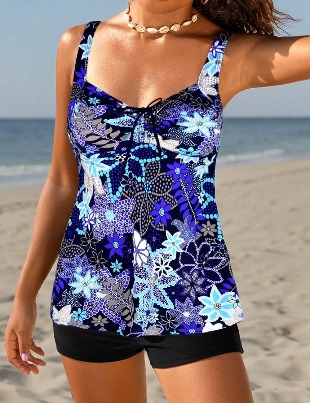 Hilor Tankini Bathing Suits for Women Plus Size Swimsuit Retro Paisley Two Piece Swimwear Blaue Blum