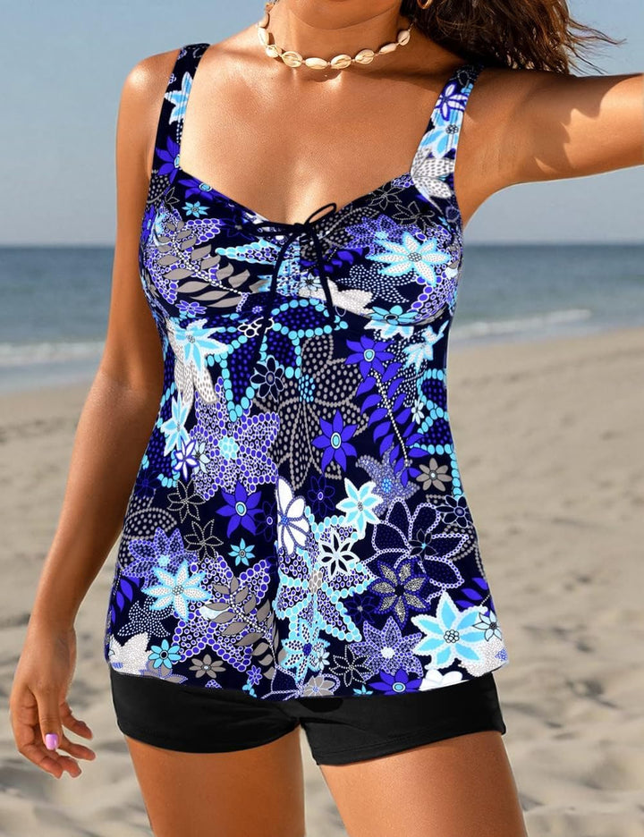 Hilor Tankini Bathing Suits for Women Plus Size Swimsuit Retro Paisley Two Piece Swimwear Blaue Blum