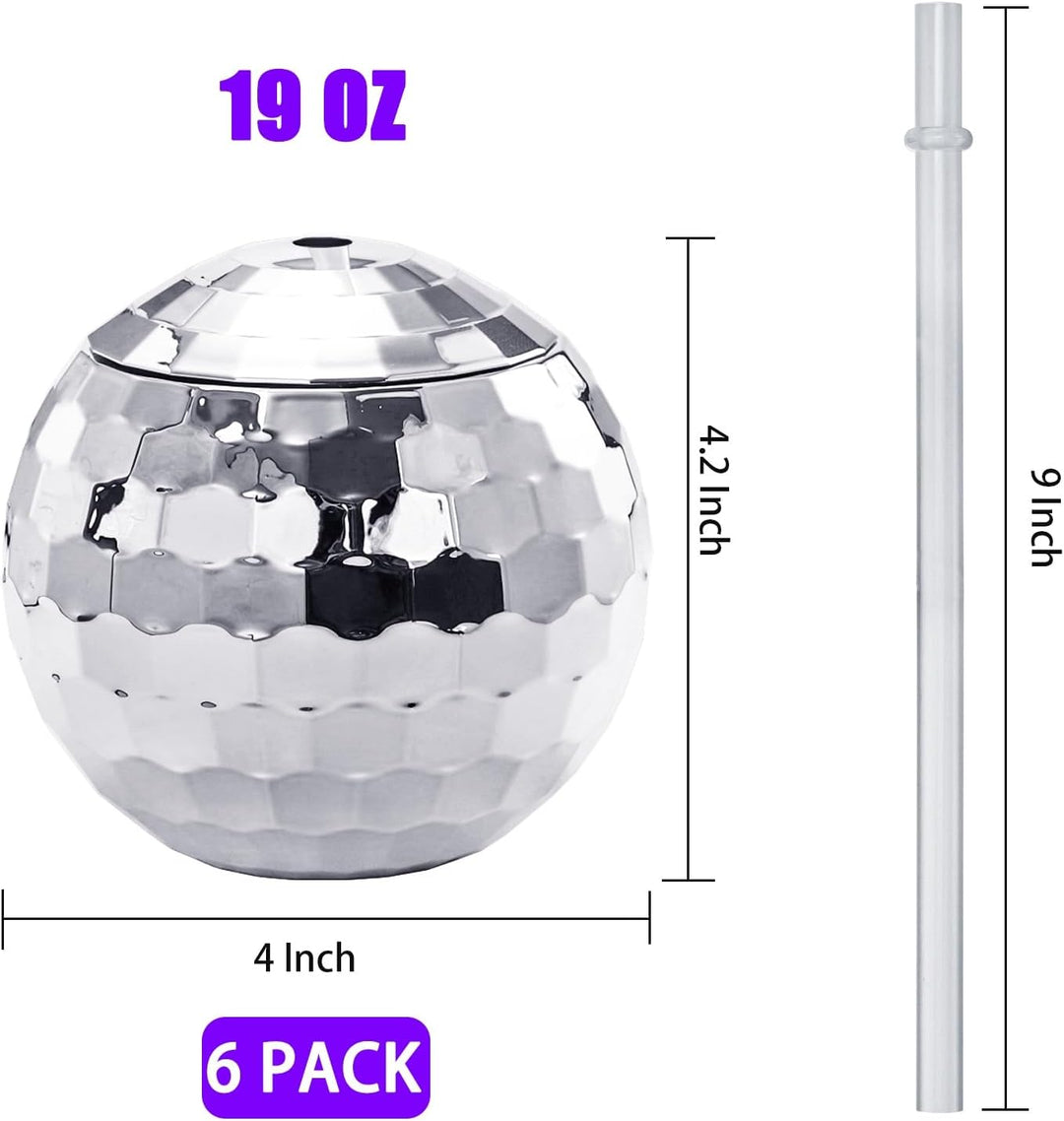 Nicunom 6 Stück 540 ml Discokugelbecher mit Deckel und Trinkhalmen Wiederverwendbar, silberfarben, D