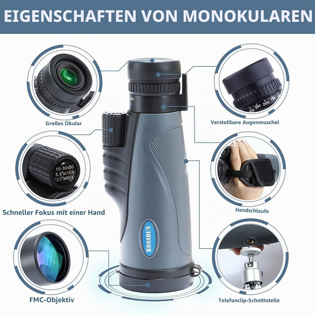 Monokulares Teleskop, 10-30X50 Zoom HD Monokular mit IPX7 Nebel Wasserdicht Stossfest, FMC BAK4 Pris