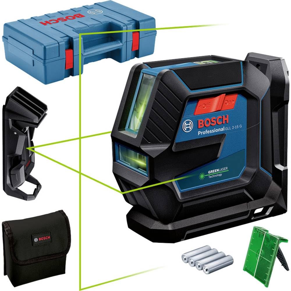 Bosch Professional Linienlaser GLL 2-15 G (grüner Laser, Innenbereich, Halterung LB 10, Deckenklamme
