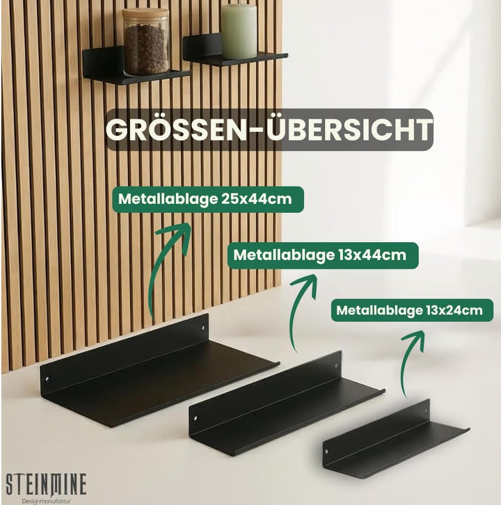 Steinmine - Designmanufaktur Wandregal Metall schwarz matt – Metallverschraubung - kein Bohren – Zub