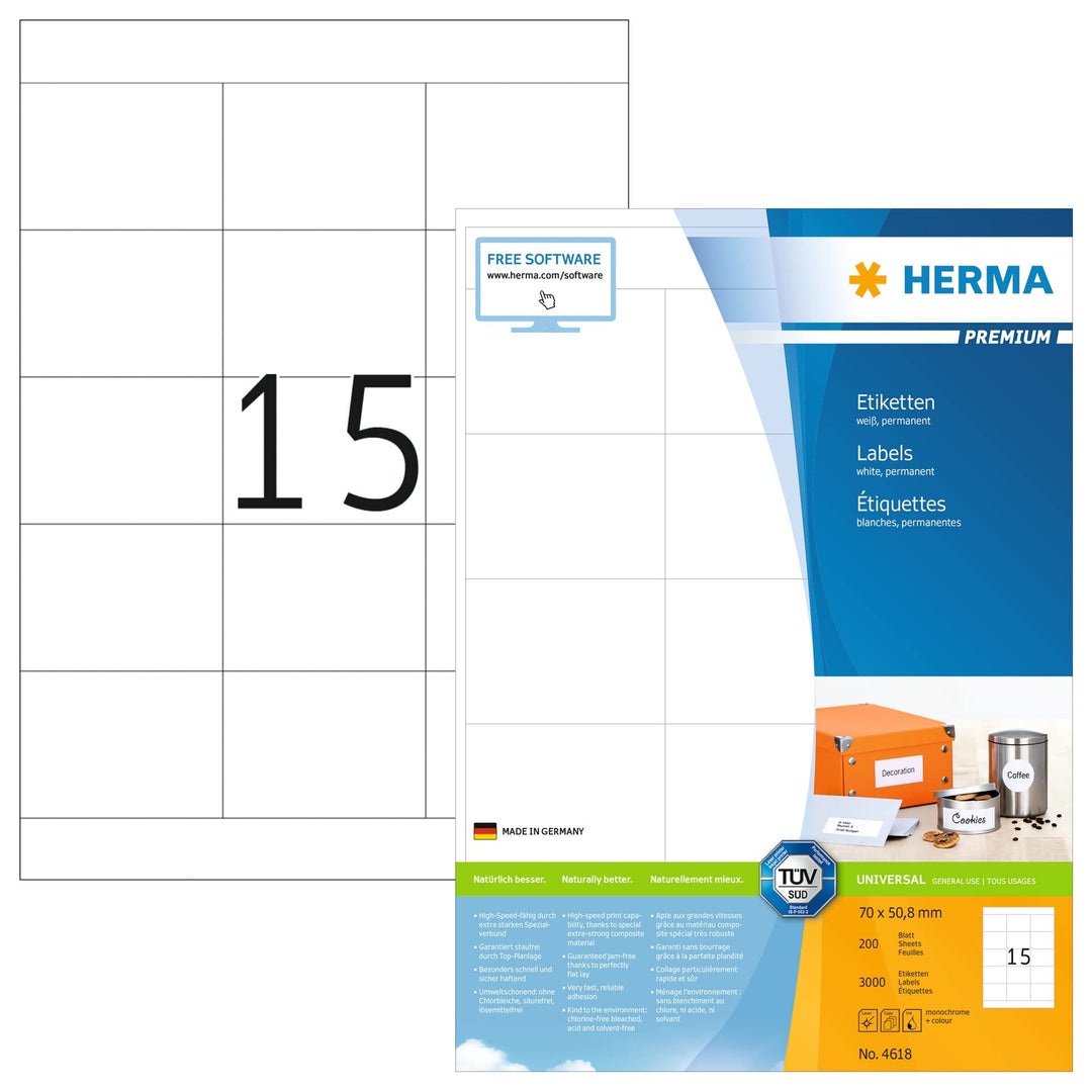 HERMA 4618 Universal Etiketten, 200 Blatt, 70 x 50,8 mm, 15 Stück pro A4 Bogen, 3000 Aufkleber, selb