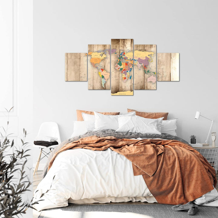 Runa Art - Bilder Weltkarte Holz 200 x 100 cm 5 Teilig XXL Wanddekoration Design Biege 108751a 200 x