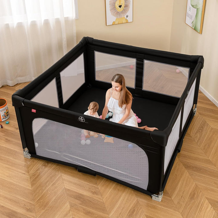 GOPLUS 150 x 150cm Laufstall Babys, Laufgitter faltbar mit 50 bunten Bällen, 4 Griffen &amp; Tragetasche