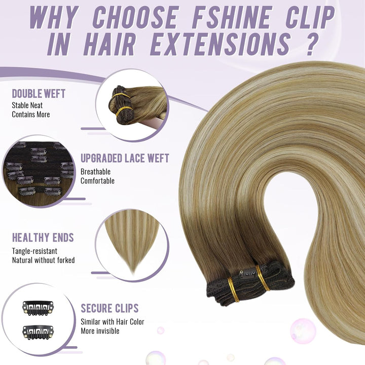 Fshine Clip Extensions Echthaar Günstig, 25cm 50g 3 Stücke Echthaar Extensions Clip in Haarverlänger
