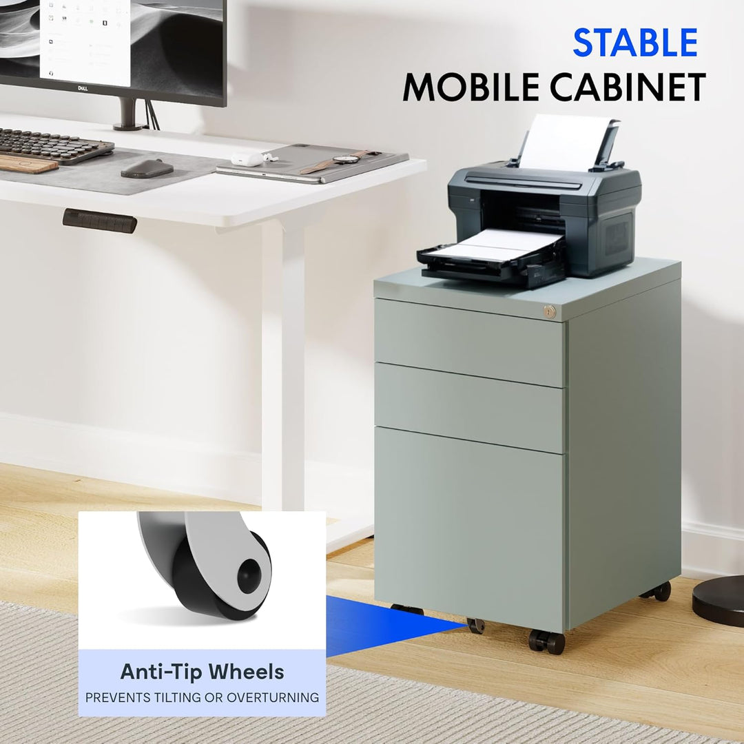 FLEXISPOT Rollcontainer Kleiner Schrank mit 3 Schubladen, mobiler Aktenschrank mit Rollen, abschlies