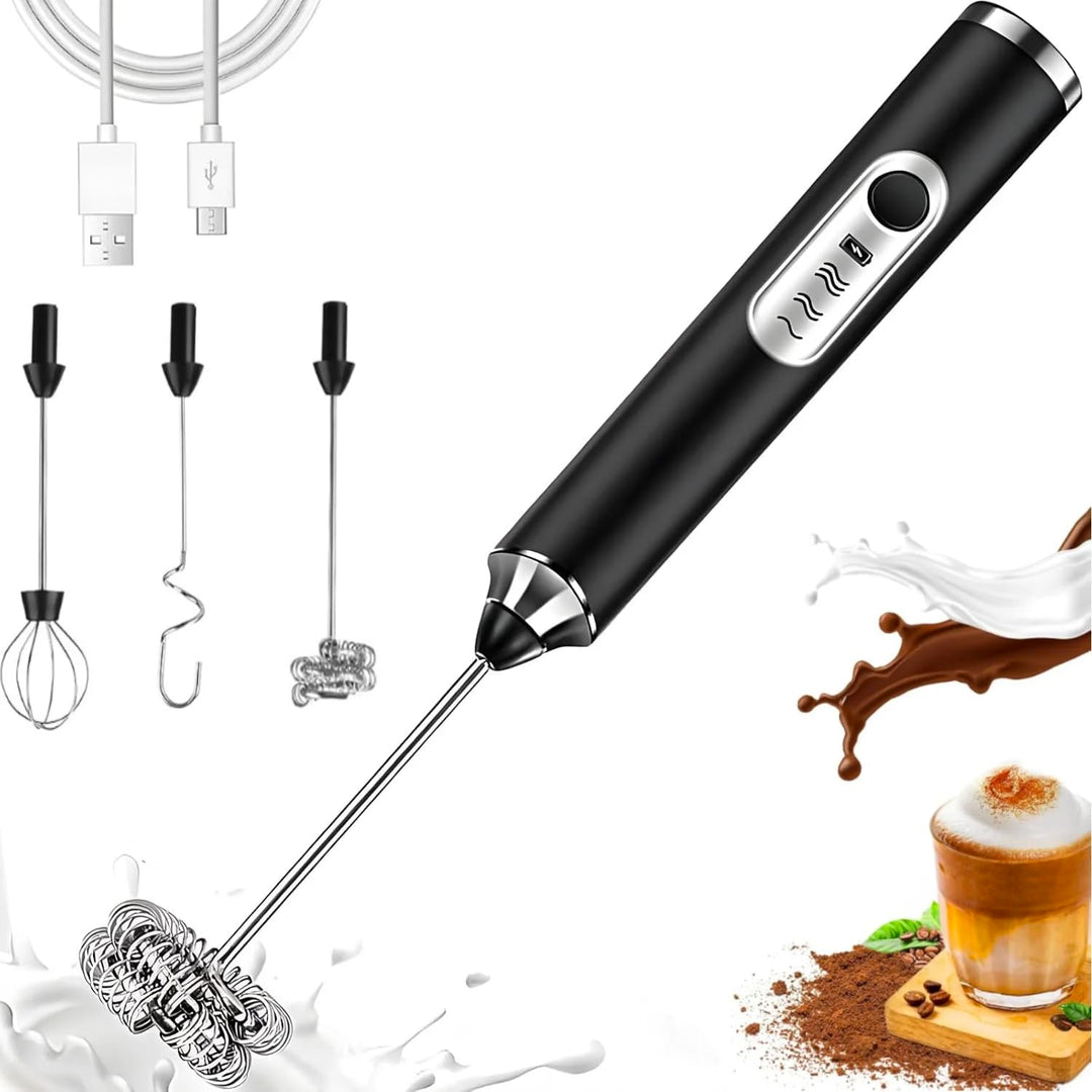 Elektrische Milchaufschäumer Stab Milchschäumer mit 3 Edelstahl-Schneebesen 3 Einstellbare Geschwind