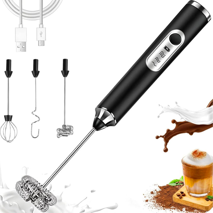 Elektrische Milchaufschäumer Stab Milchschäumer mit 3 Edelstahl-Schneebesen 3 Einstellbare Geschwind