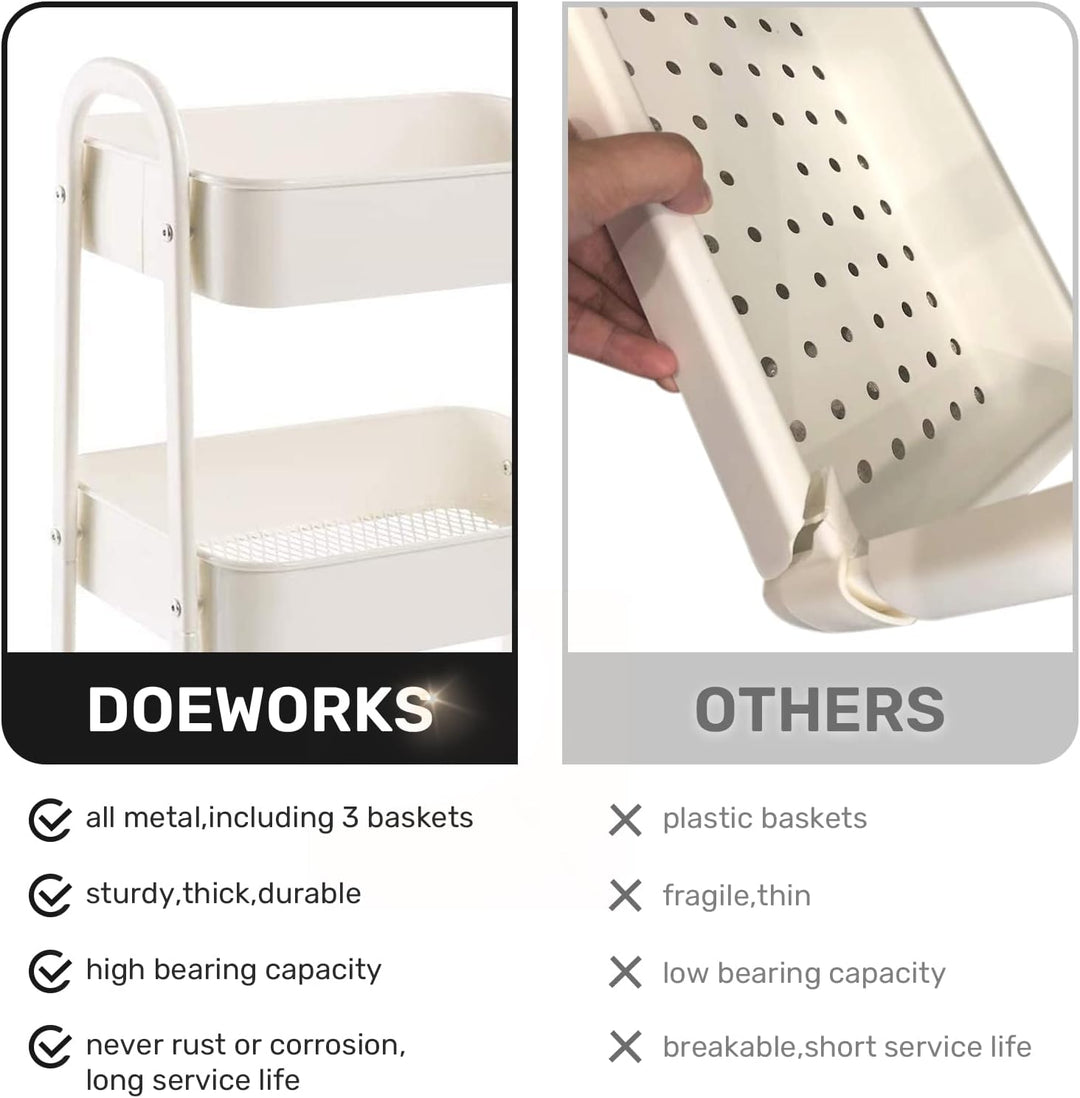DOEWORKS Aufbewahrungswagen 3-Etagen Metall Utility Cart Rollwagen Organizer Wagen mit Rädern für Kü