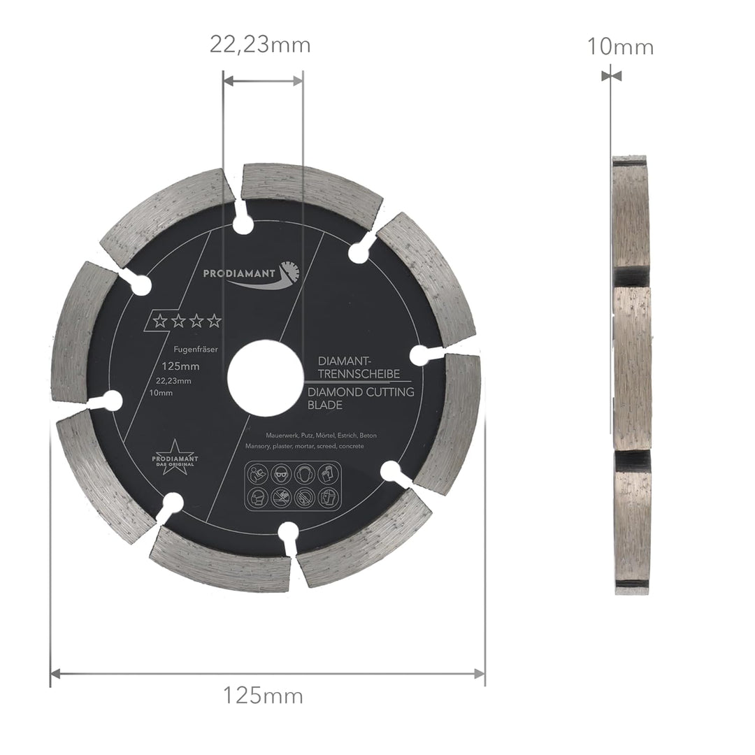 PRODIAMANT Fugenfräser ø 125 mm Breite 10mm für Mörtel Beton Mauerwerk und Putz 10mm Diamantsegment