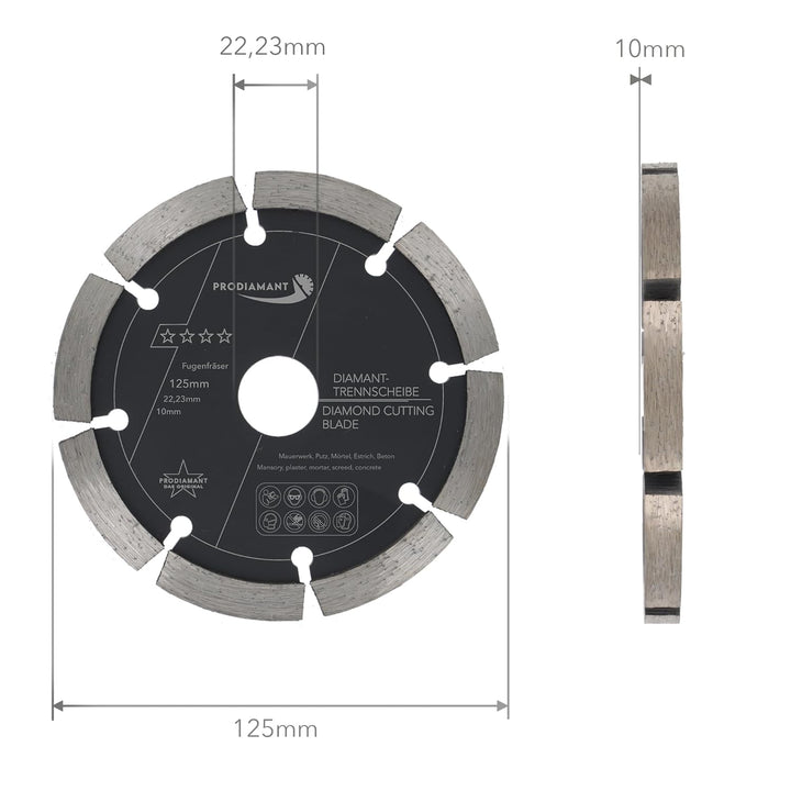 PRODIAMANT Fugenfräser ø 125 mm Breite 10mm für Mörtel Beton Mauerwerk und Putz 10mm Diamantsegment