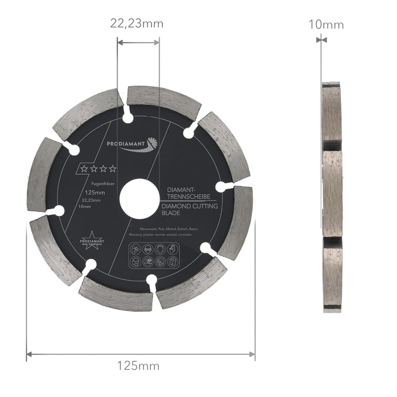 PRODIAMANT Fugenfräser ø 125 mm Breite 10mm für Mörtel Beton Mauerwerk und Putz 10mm Diamantsegment