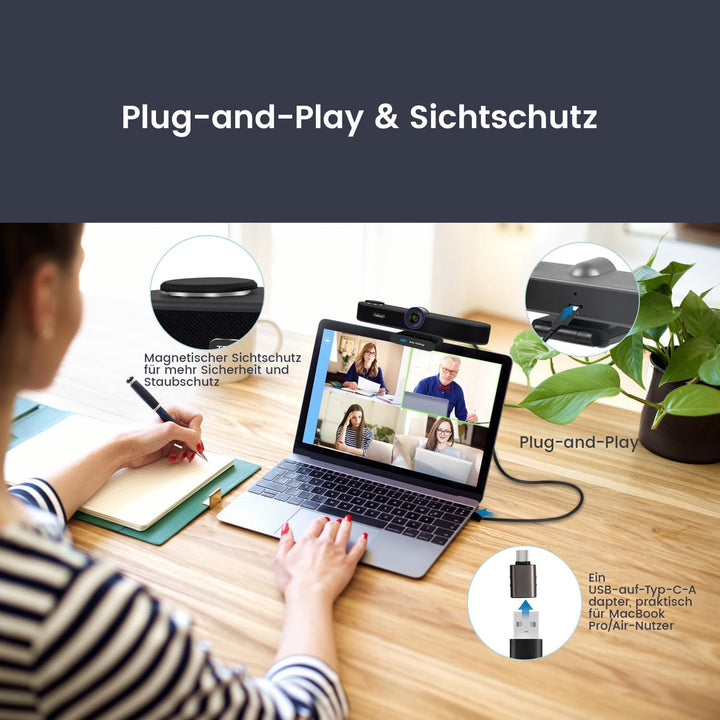 TONGVEO KI Automatisches Tracking 4K Webcam mit Mikrofonen und Lautsprecher, 5-facher Digitalzoom eP