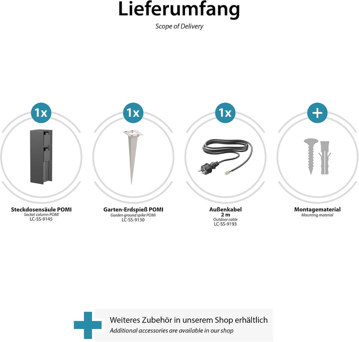 ledscom.de Garten-Steckdosen-Säule POMI mit Erdspiess und 2m Kabel für aussen, IP44, 2-Fach, anthraz