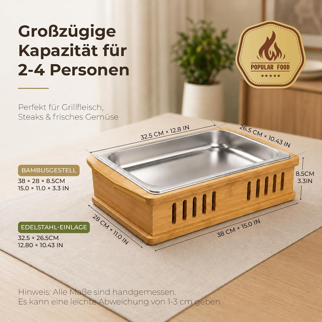Tragbare Warmhalteplatte für Grillgut mit Edelstahlauflage 32,5x26,5x4cm | Leicht zu Reinigende BBQ